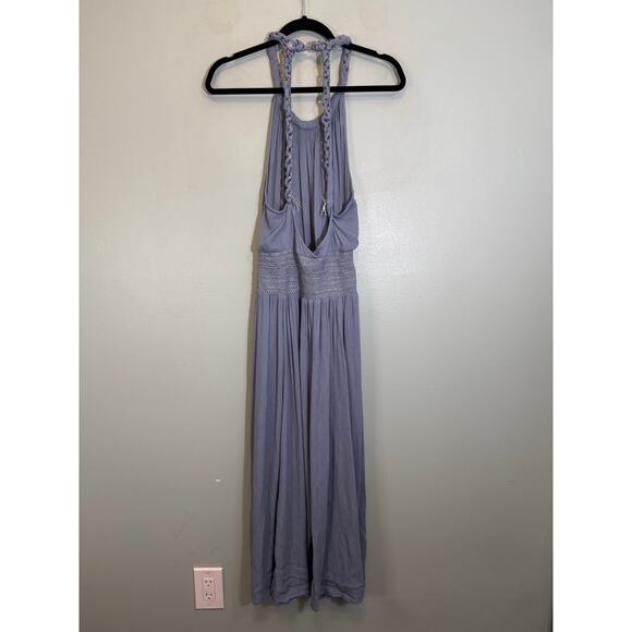 Free People Braided Halter Maxi Dress Large Gray Boho Casual Summer Gauze A-Line - Picture 2 of 12